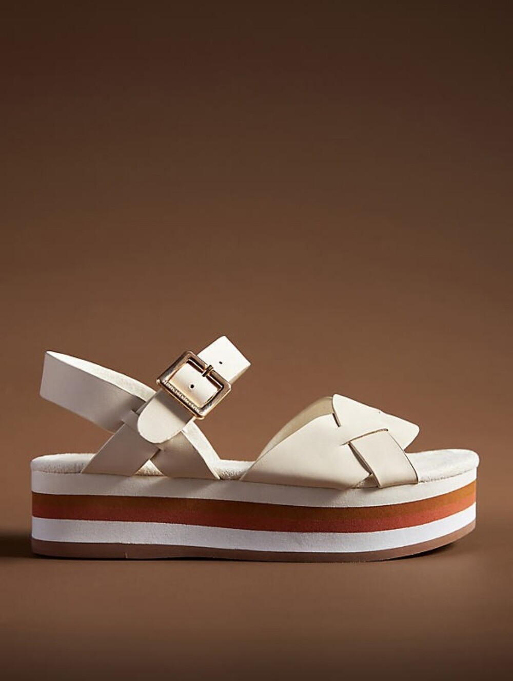 Kelsi Dagger Cream Platform Sandal with Gold Buckle and Striped Sole Size 8